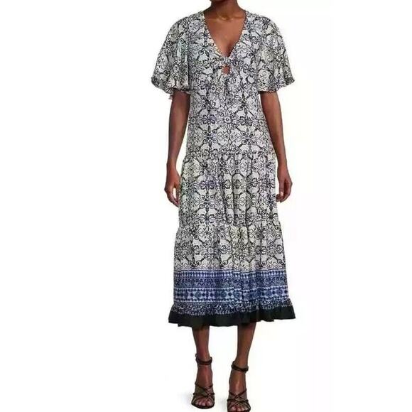 Taylor Boho Blue Dress Sz 12 Tiered Midi Lined Front Tie Flutter Sleeve New - Picture 2 of 13